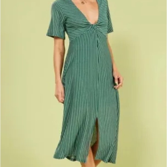 MP|C Mink Pink Hey Now Green Striped Midi Dress Twist Front M - Picture 2 of 12